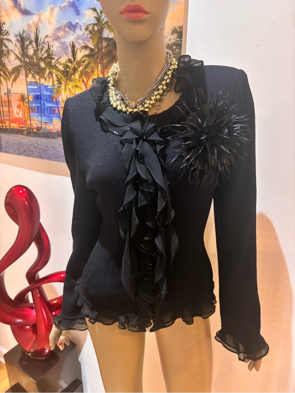 St. John Black Ruffle  Blazer Jacket elegant 8 frills embellished - Picture 4 of 5